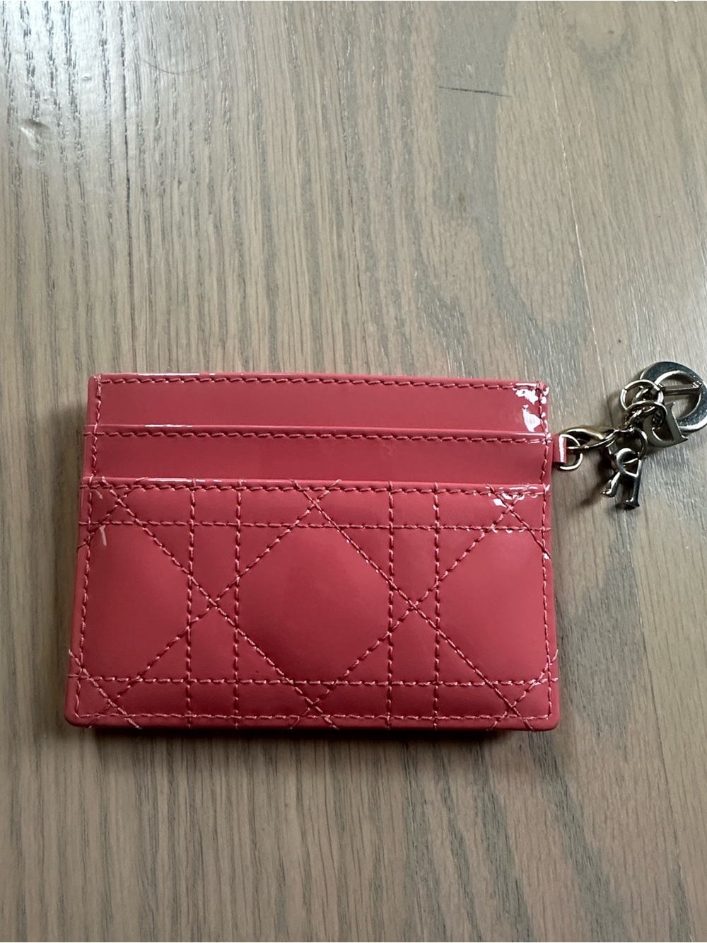 Dior Coral Pink Quilted Patent Card Holder with Charm